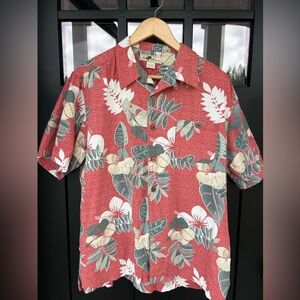 Joe Marlin Men's L Red Floral Hawaiian button down short sleeve vacation shirt